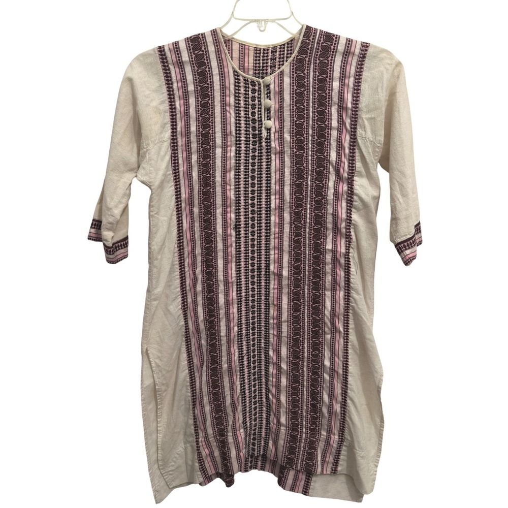 Boho Tunic Mini Dress Cream Pink Embroidered Cotton Sz XS S Folk Southwestern